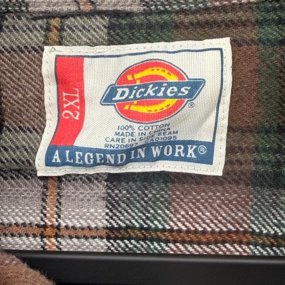 Dickies Mens 2XL Plaid Flannel Shirt Brown Green Long Sleeve Cotton Workwear